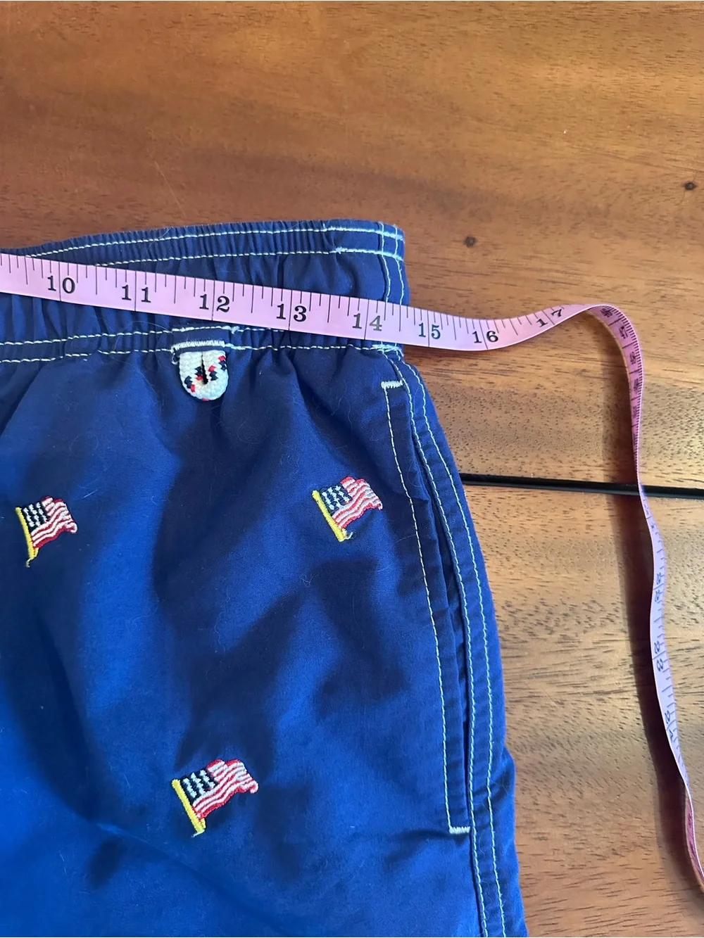 Lands End Patriotic 4th of July blue Embroidered USA Flag Swim Trunks Shorts